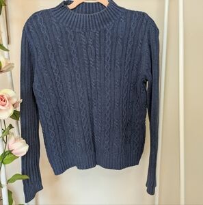 Vintage Navy Blue Cable Knit Mock Neck Sweater